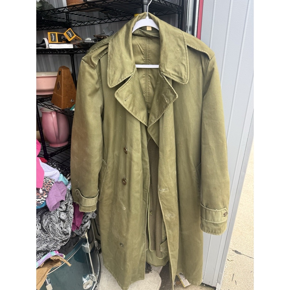 Vintage 1952 Korean War US Military Trench Overcoat Wool Liner Reg Medium
